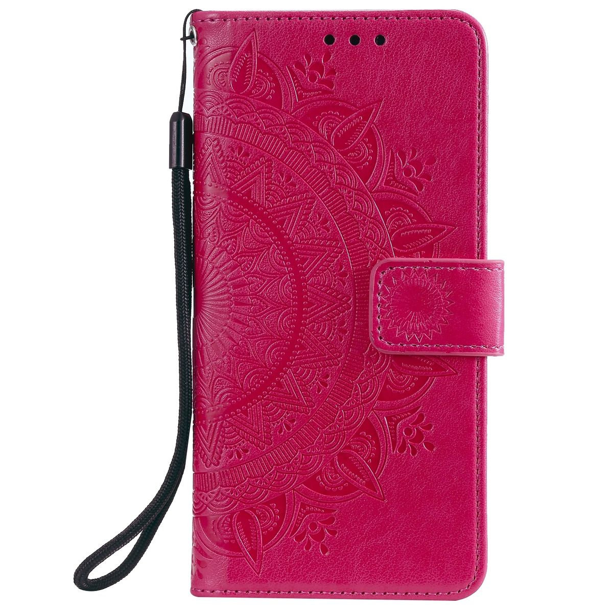 Rosa Handyhülle mit Mandala-Design und Handschlaufe. Verfügt über einen Magnetverschluss.