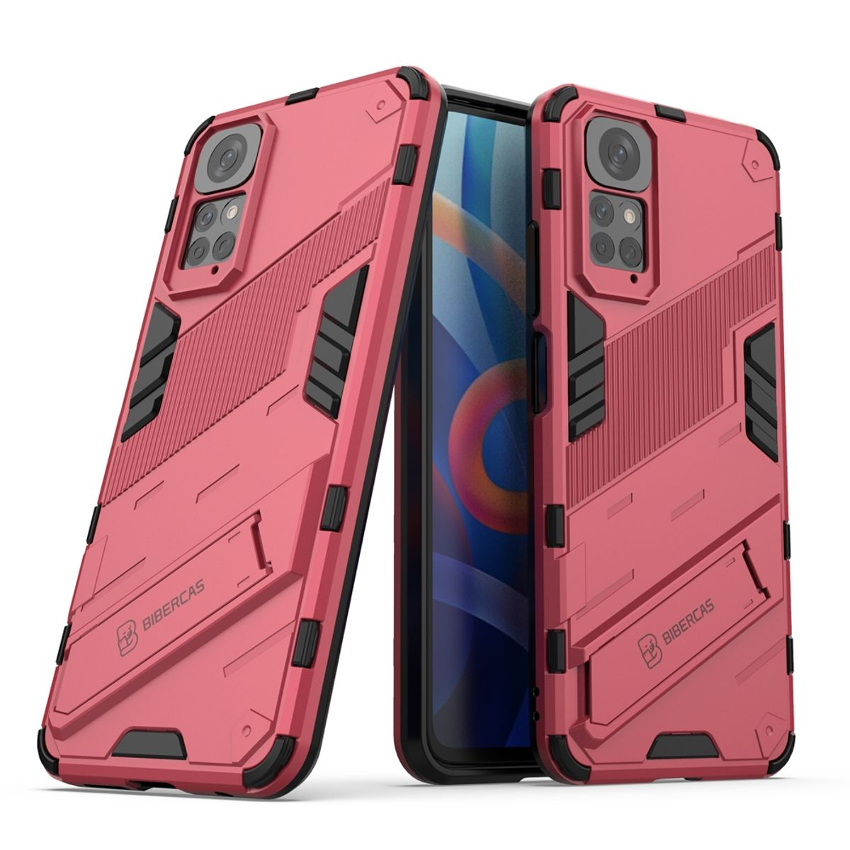 Rote Handyhülle mit einem Telefon darin. Schräge Ansicht. Weißer Hintergrund. Details der Hülle sichtbar.