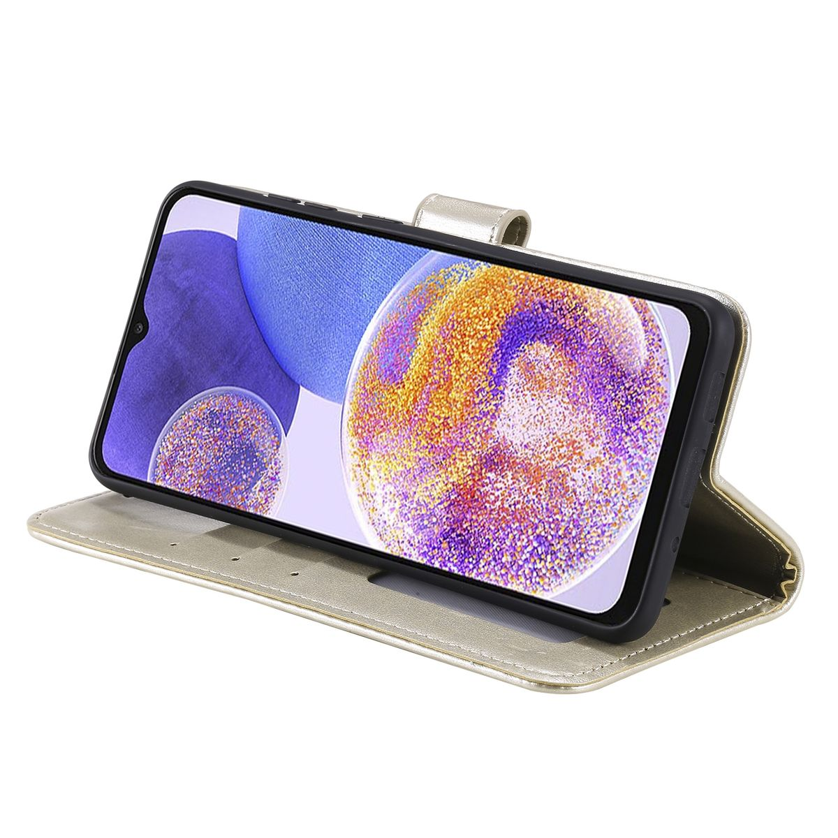 Offene goldene Handyhülle. Telefon zeigt Bildschirm. Goldfarbe, schlichtes Design.