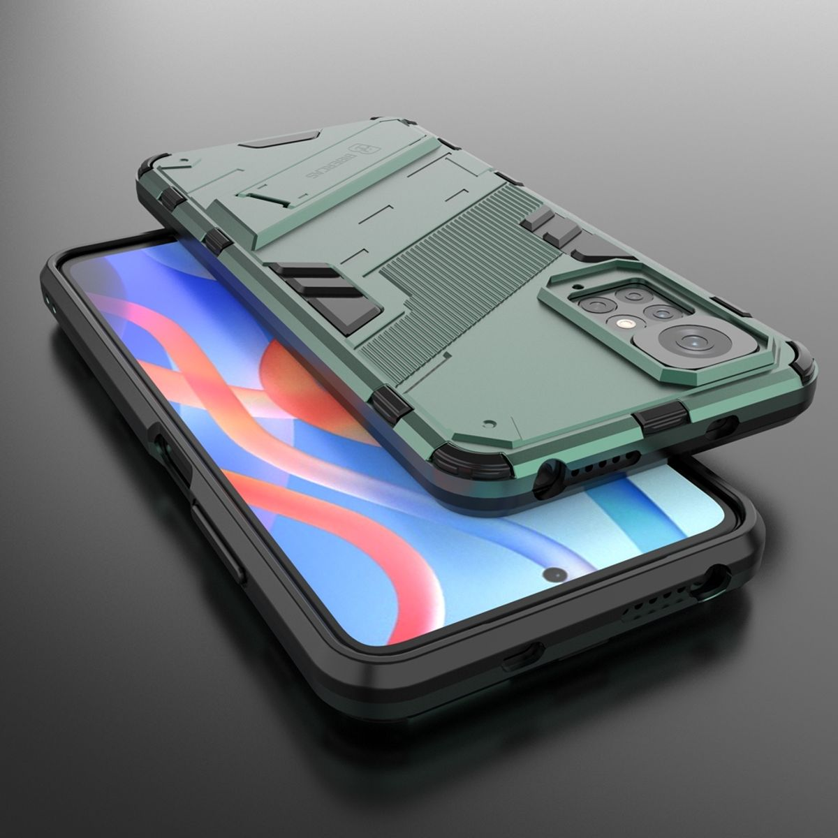 Grüne Handyhülle auf dem Telefon. Das Telefon ist schwarz. Die Hülle ist mattgrün.