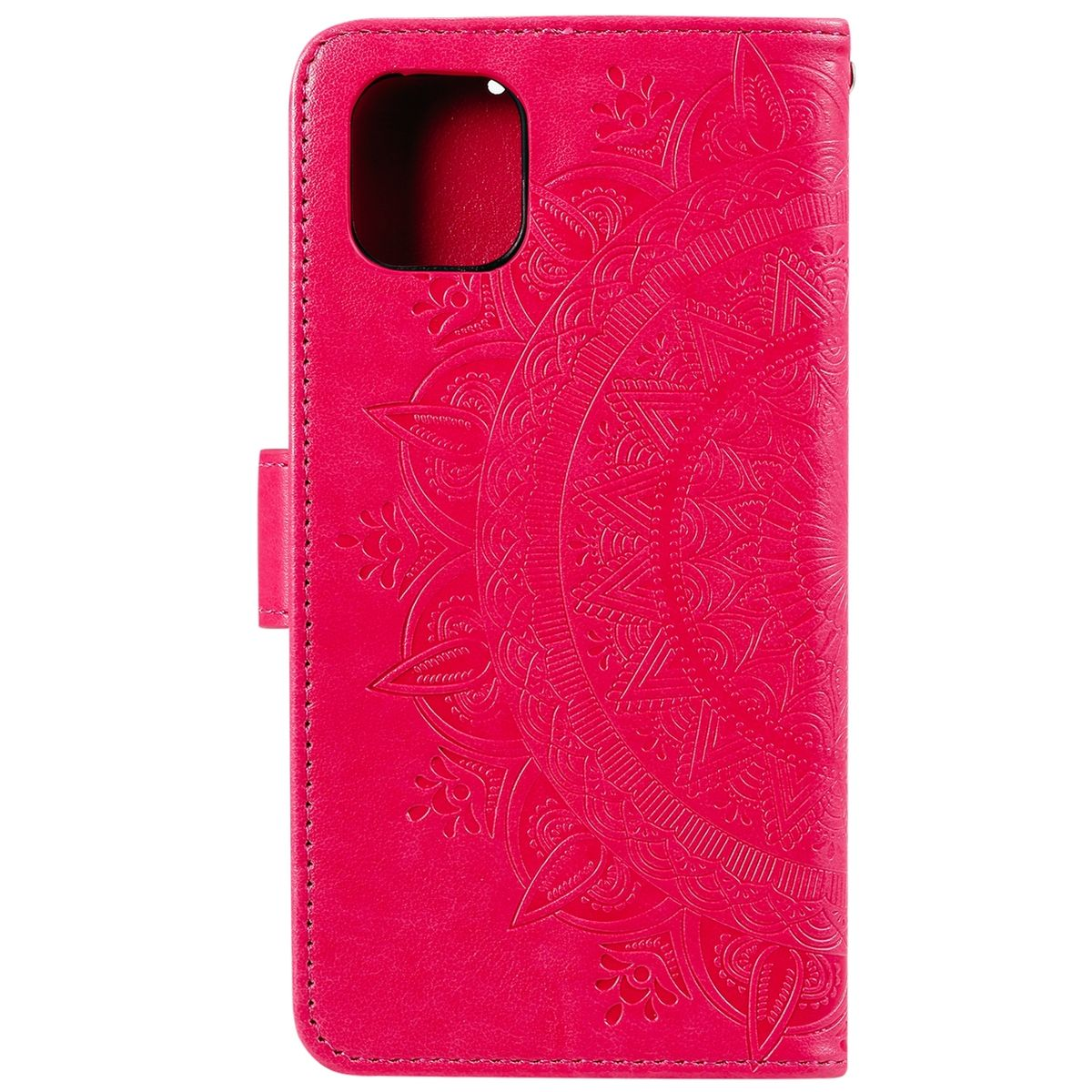 Eine rote Handyhülle mit Mandala-Design. Die Hülle ist geschlossen, mit Magnetverschluss.