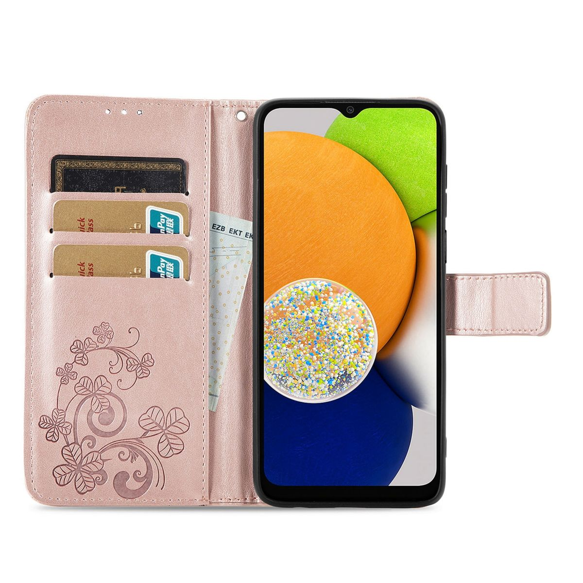 Rosa Handyhülle geöffnet, mit Karten und einem Telefon darin, Blumendesign.