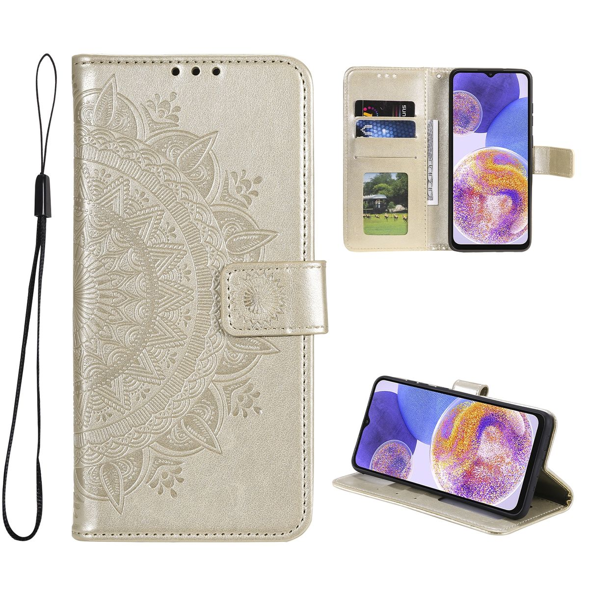 Goldene Handyhülle mit Telefon und Riemen. Zeigt Karten und offen als Ständer.