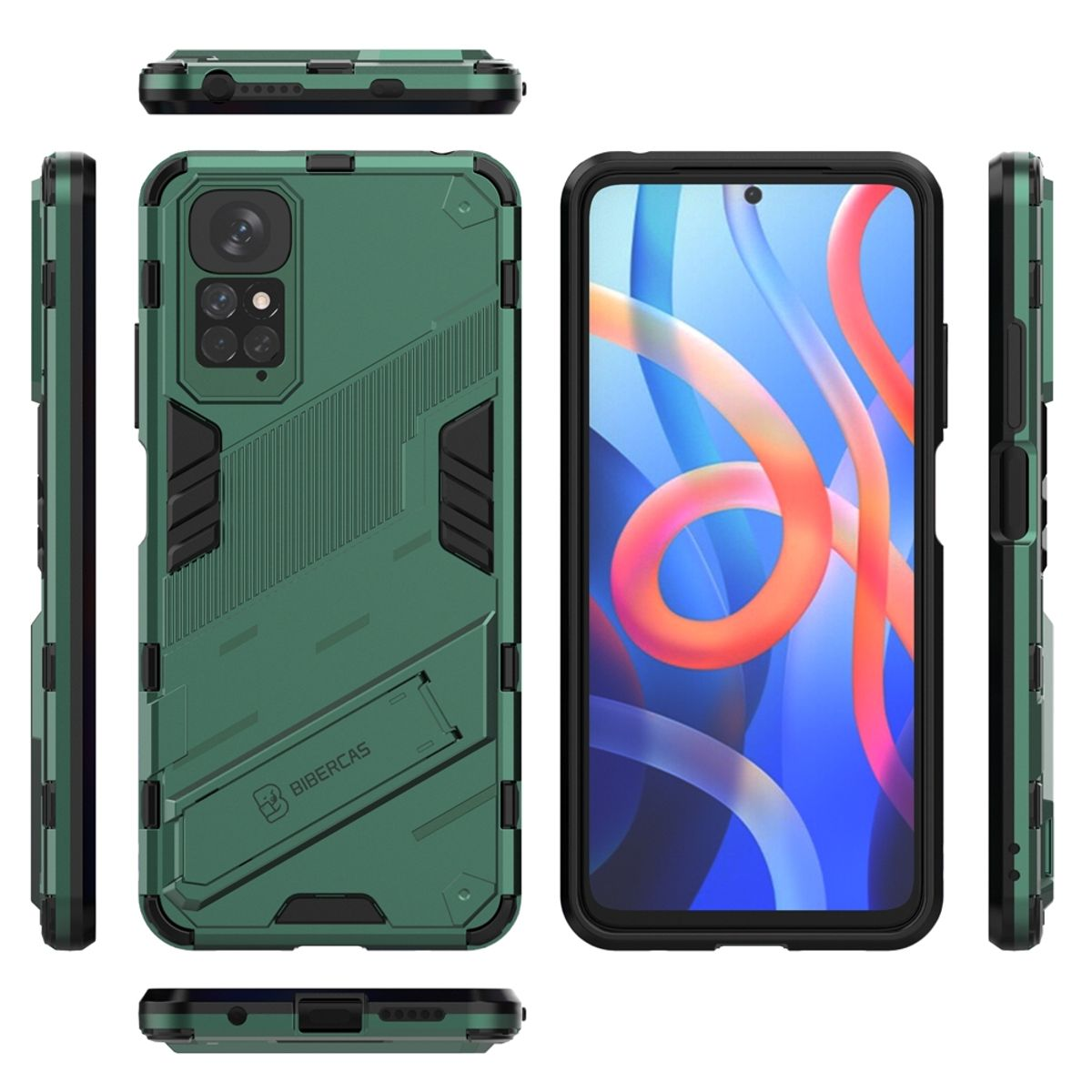 Grüne Handyhülle mit einem Telefon darin und Seitenansicht. Die Hülle hat einen Ständer.