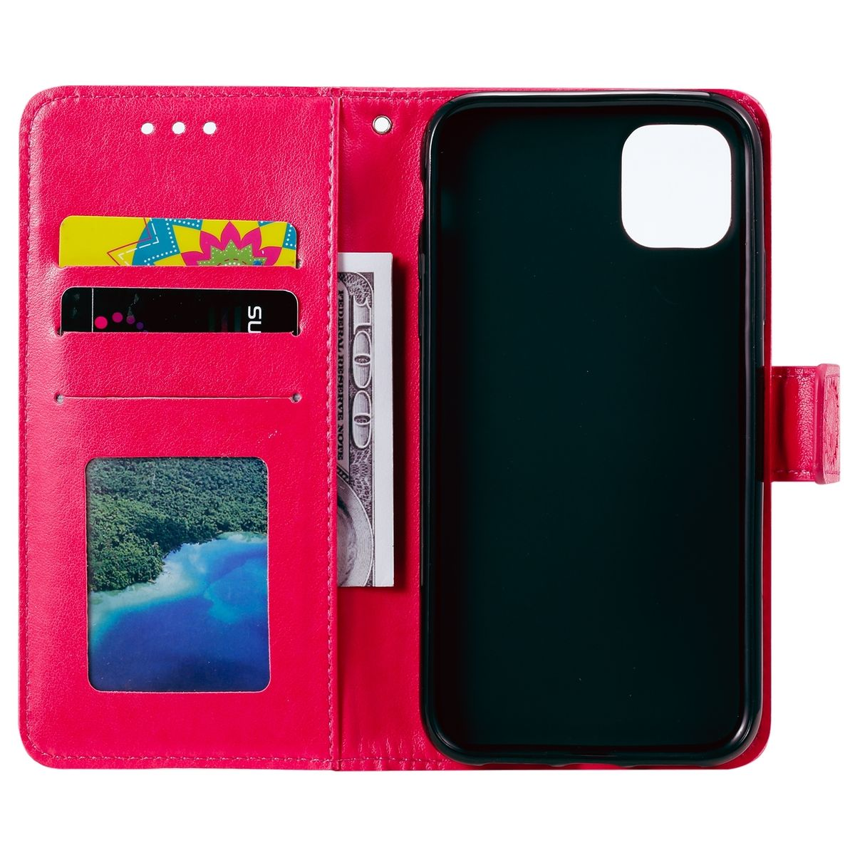 Geöffnete rosa Handy-Geldbörsenhülle mit Karten, Geld und Telefon darin.