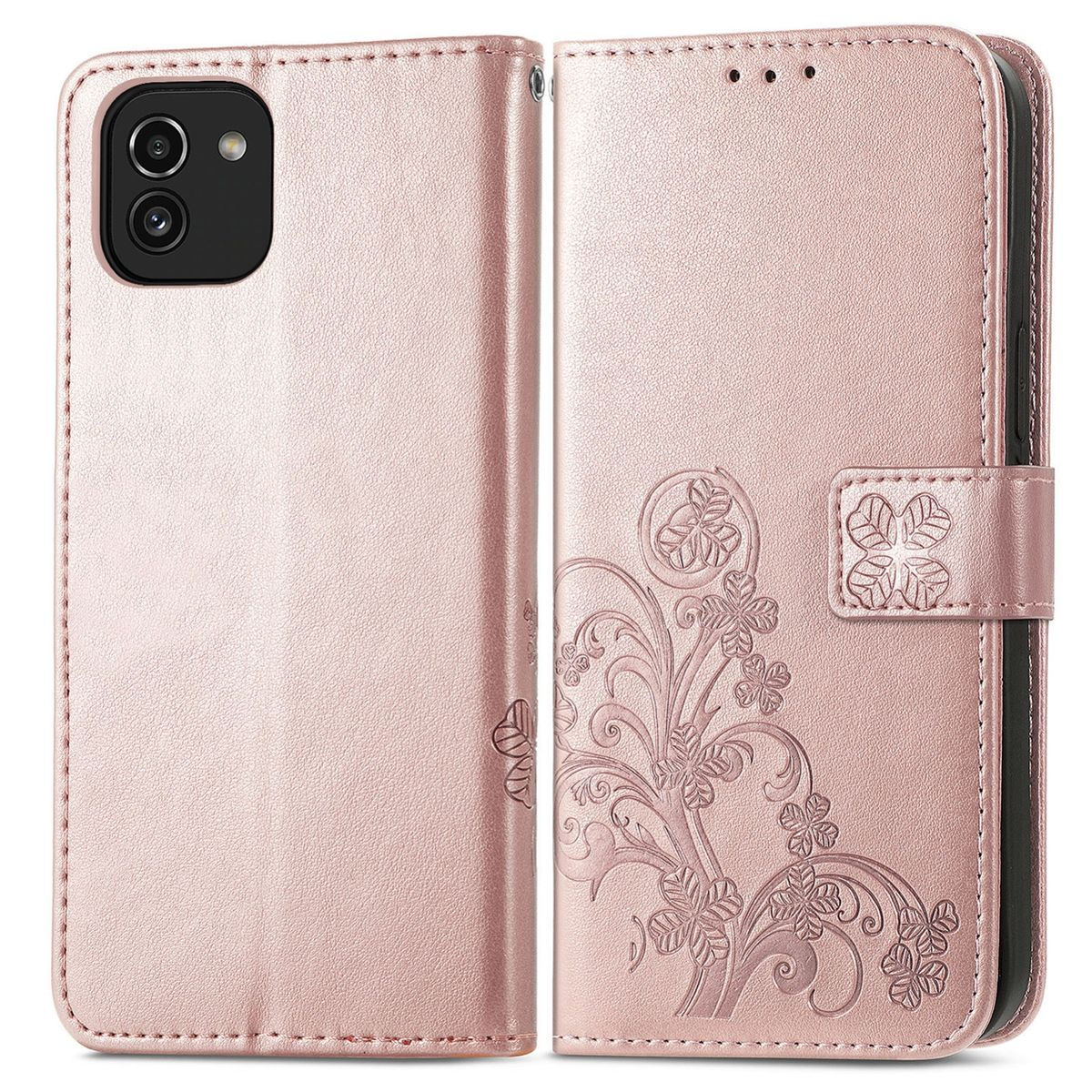 Rosa Handyhülle offen. Telefon innen. Blumenmuster rechts. Rosa.