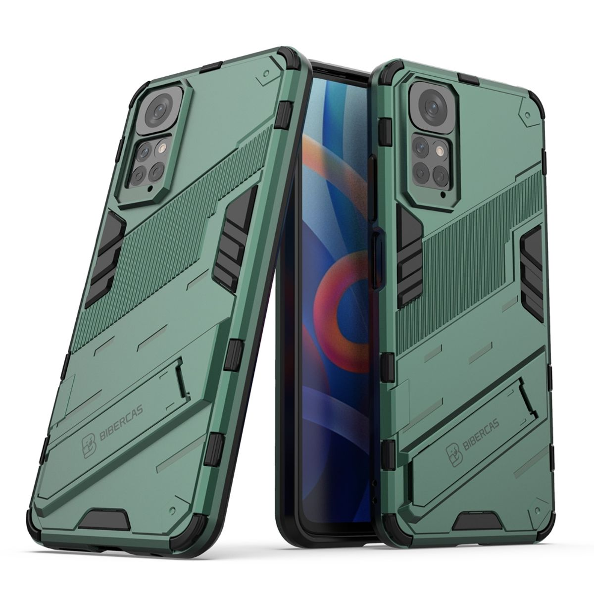 Grüne Handyhülle mit robustem Design, zwei Hüllen sind abgebildet, eine offen und eine geschlossen, mit dem Telefon darin.