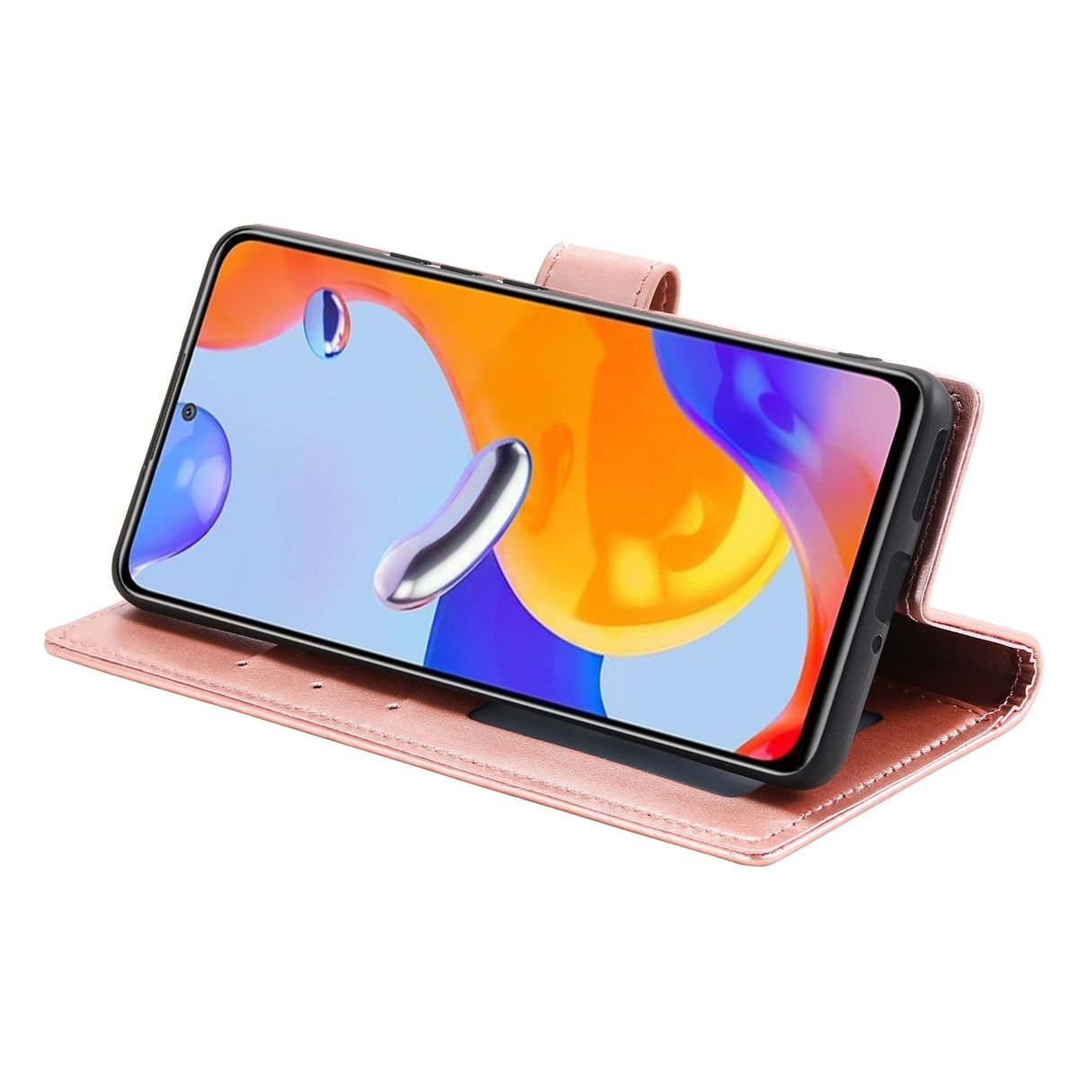 Rosa Handyhülle offen, ein Telefon mit abstrakter Tapete anzeigend.