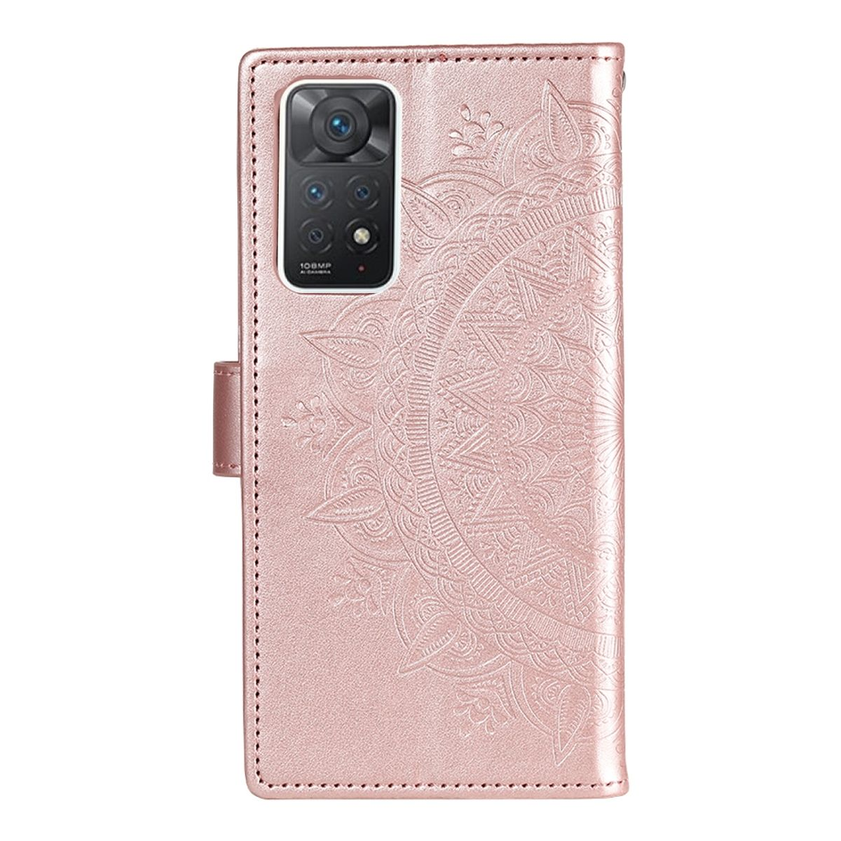 Rosa Handyhülle mit floralem Design. Das Telefon hat einen Kamera-Bump. Geschlossene Hülle.