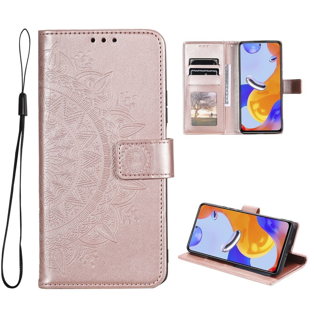 Rosa Handyhülle, offen. Telefon darin, Design zeigend. Karten- und Geldfächer. Weißer Hintergrund.