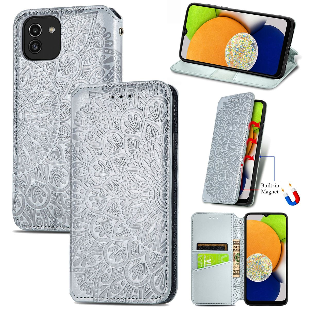 Silberne Handyhülle mit Mandala-Design. Verschiedene Ansichten, darunter offen, geschlossen und Telefon in Gebrauch, eingebauter Magnet.