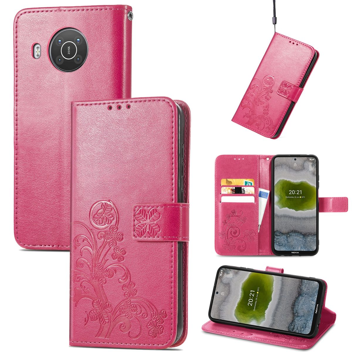 Pinkfarbene Handyhülle mit floralem Design, mehrere Ansichten. Verfügt über ein Telefon, Kartenfächer und einen Magnetverschluss.
