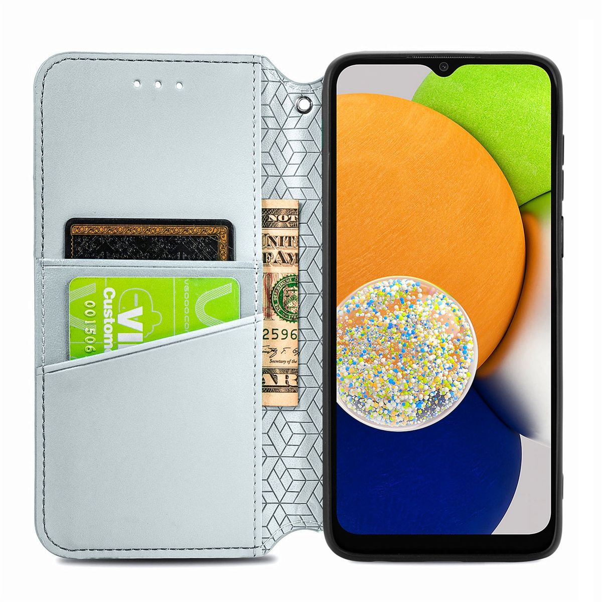 Hellblaue Handyhülle, offen, mit Karten, Bargeld und Telefon. Karten und Telefon sichtbar.