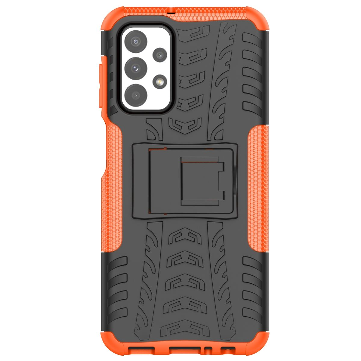 Orange und schwarze Handyhülle mit strukturiertem Design und Ständer.