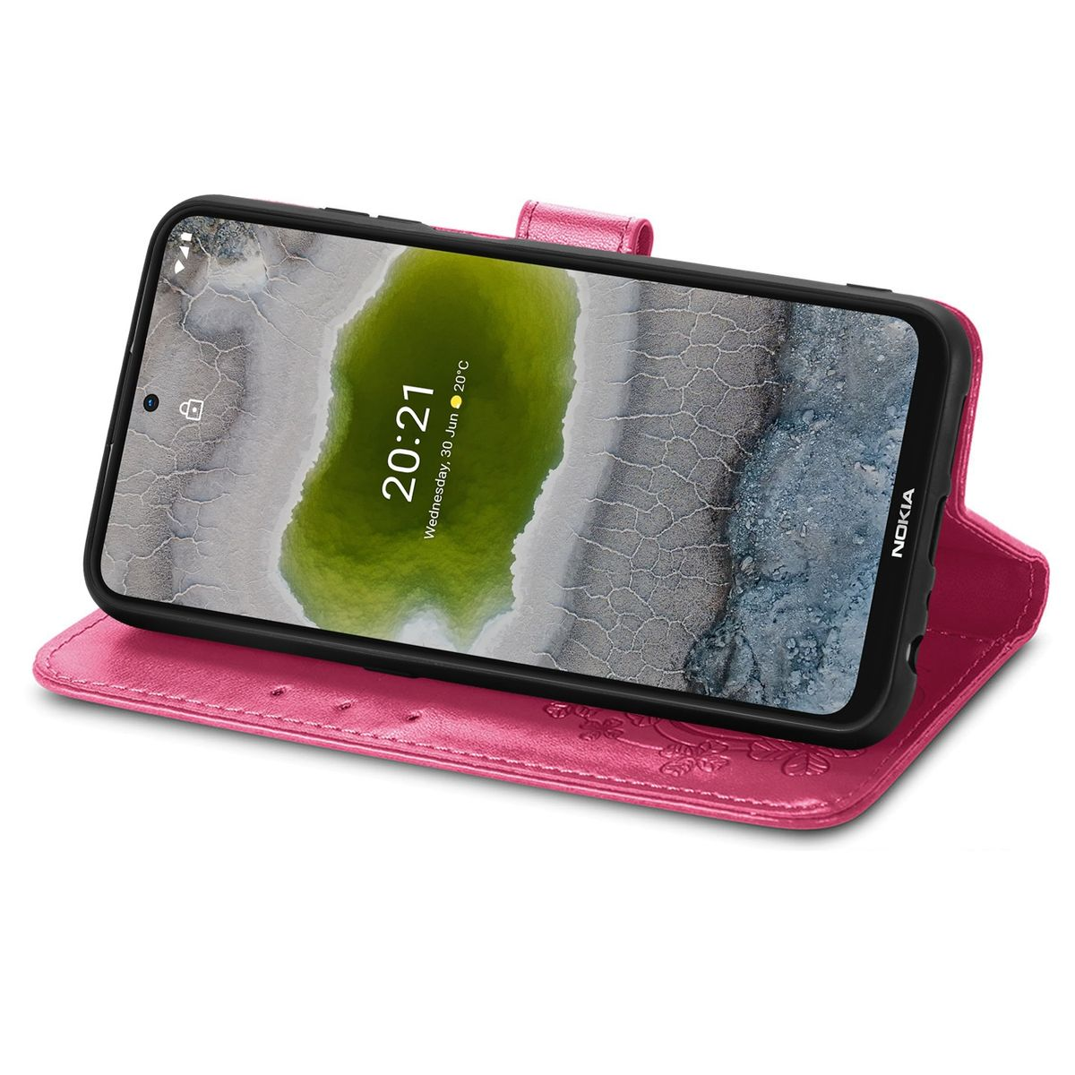 Eine pinke Handyhülle mit einem Telefon mit Nokia-Logo auf dem Bildschirm.