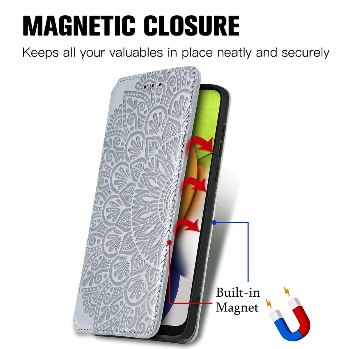 Graue Handyhülle mit floralem Design, Magnetverschluss. Geöffnet, mit Telefon darin. Pfeile und Magnete.