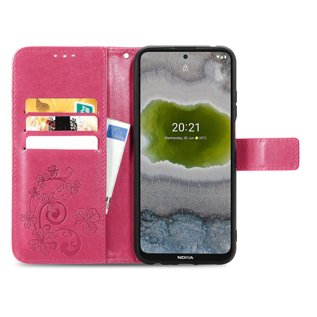 Offene, pinkfarbene Handyhülle. Telefon zeigt Uhrzeit und Datum. Karten und Stift. Blumendesign.