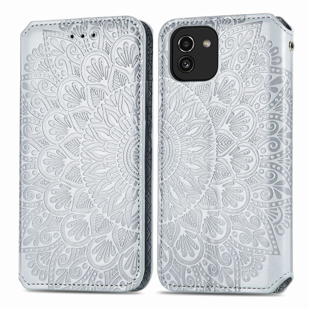 Silberne Handyhülle offen, Telefon rechts. Hülle mit Mandala-Design.