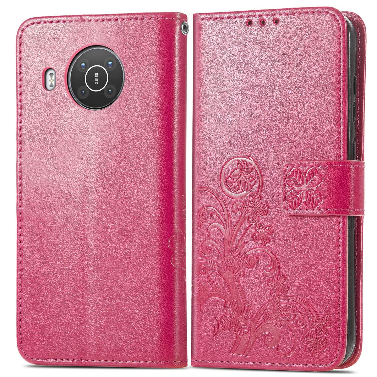 Rosa Handyhülle, offen, zeigt die Rückseite des Telefons mit ZEISS-Kamera. Blumendesign auf der Hülle.