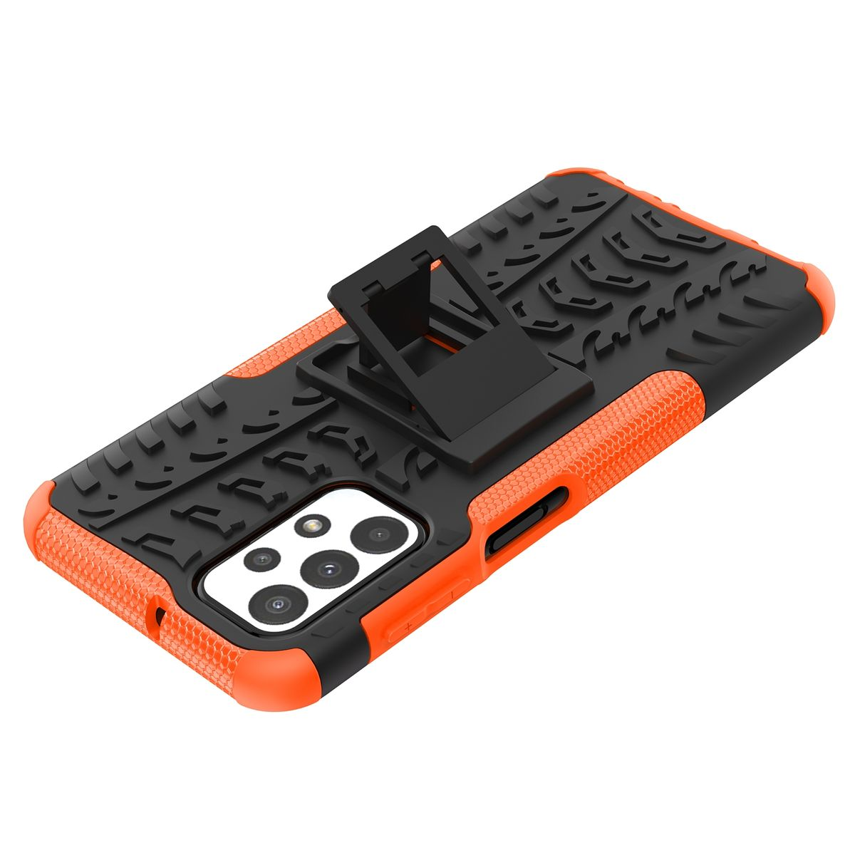 Orange und schwarze Handyhülle mit Ständer. Der Koffer steht auf einem Tisch.