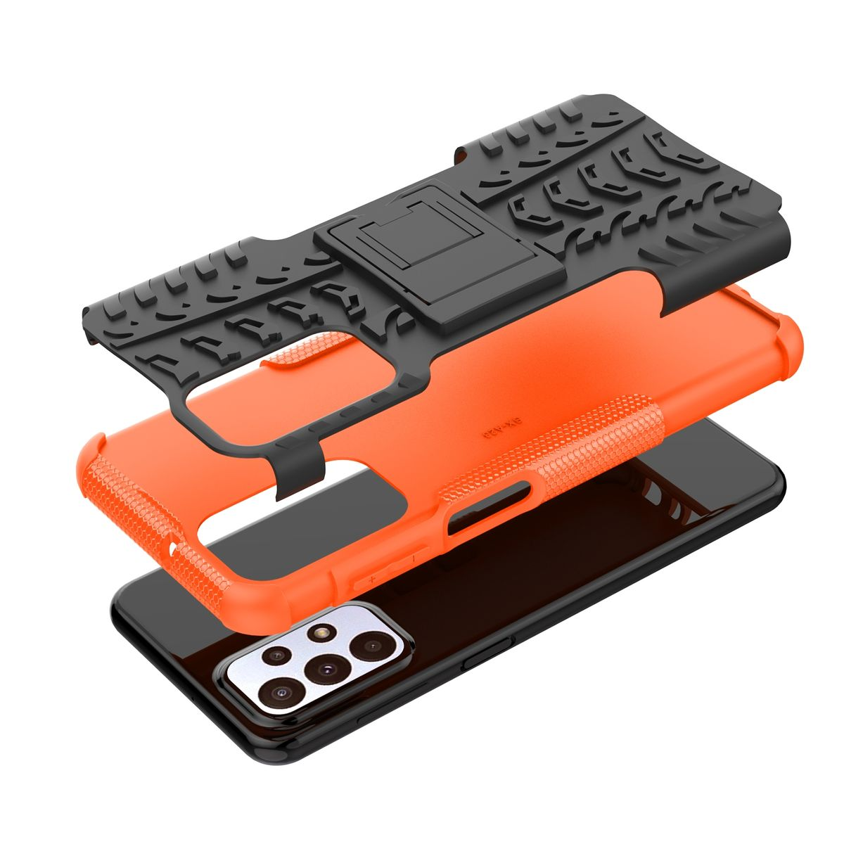 Orange und schwarze Schutzhülle, zerlegt, zeigt Schichten, mit Telefon.