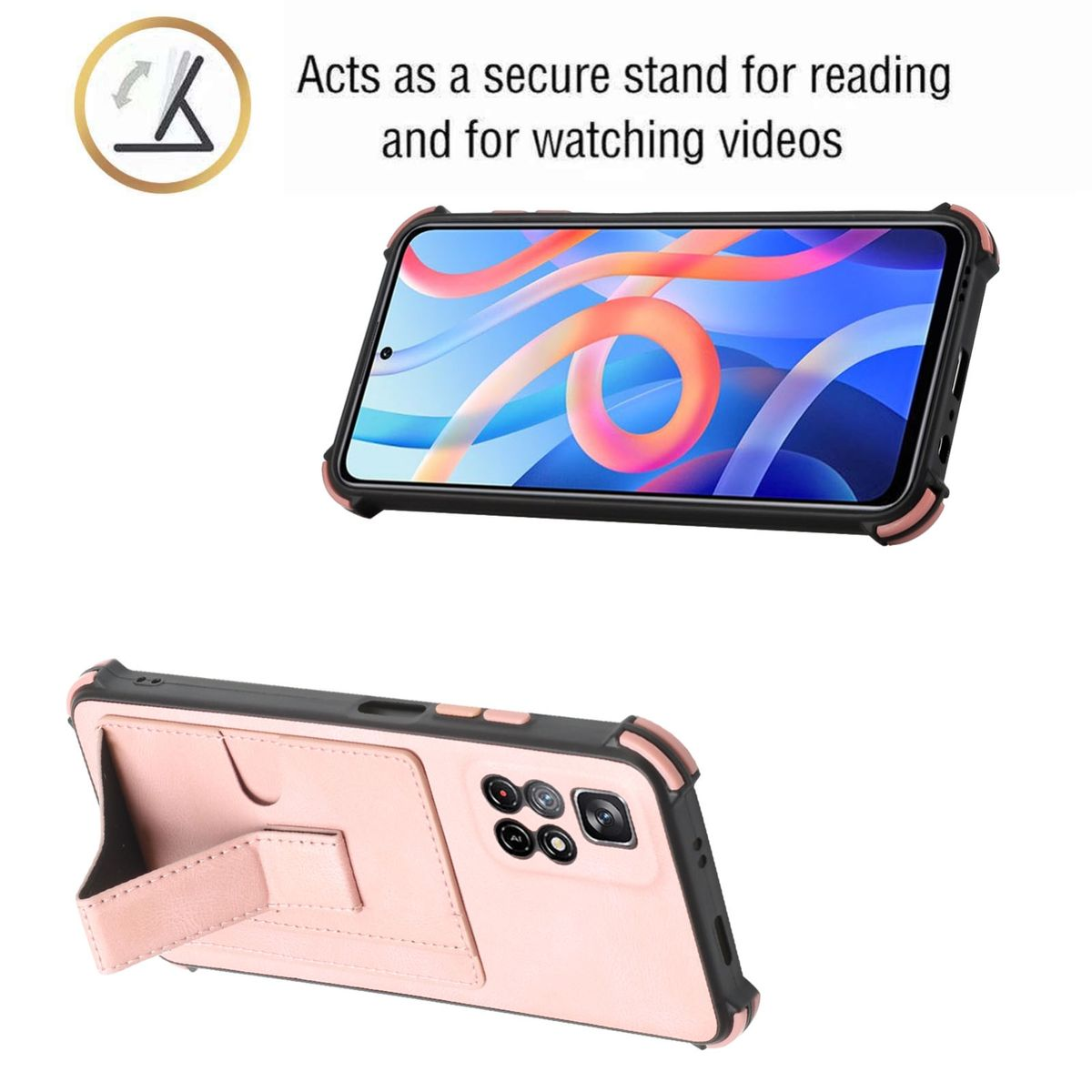 Zwei Bilder einer Handyhülle. Eines zeigt ein stehendes Telefon, das andere zeigt es gefaltet. Rosa Hülle mit schwarzen Rändern.