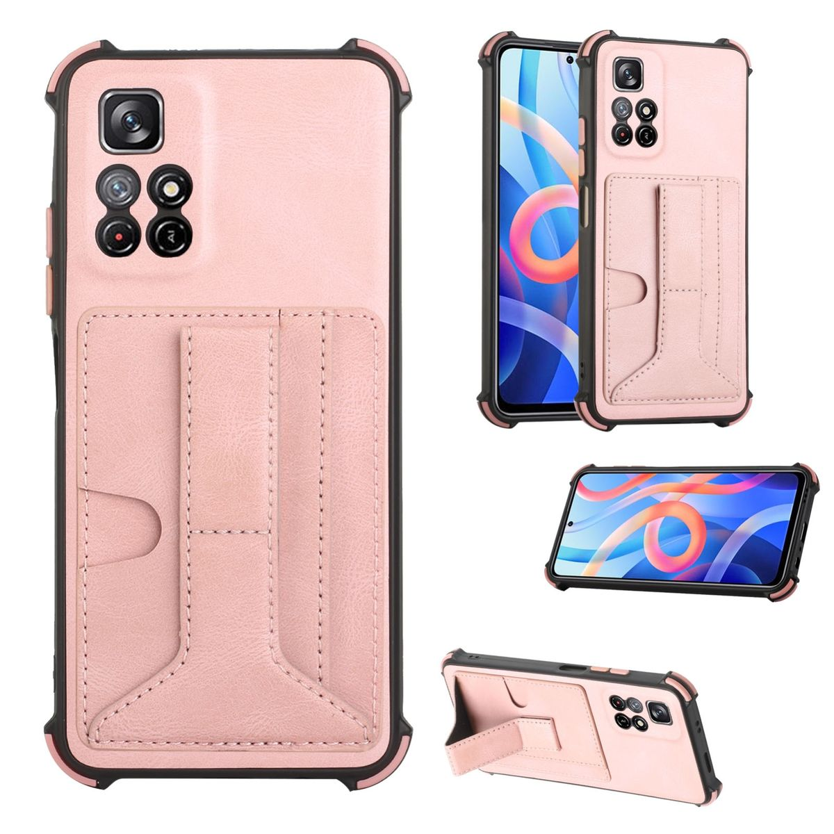 Rosa Handyhüllen, verschiedene Winkel, mit Telefon und Kartenfach, auf weißem Untergrund.