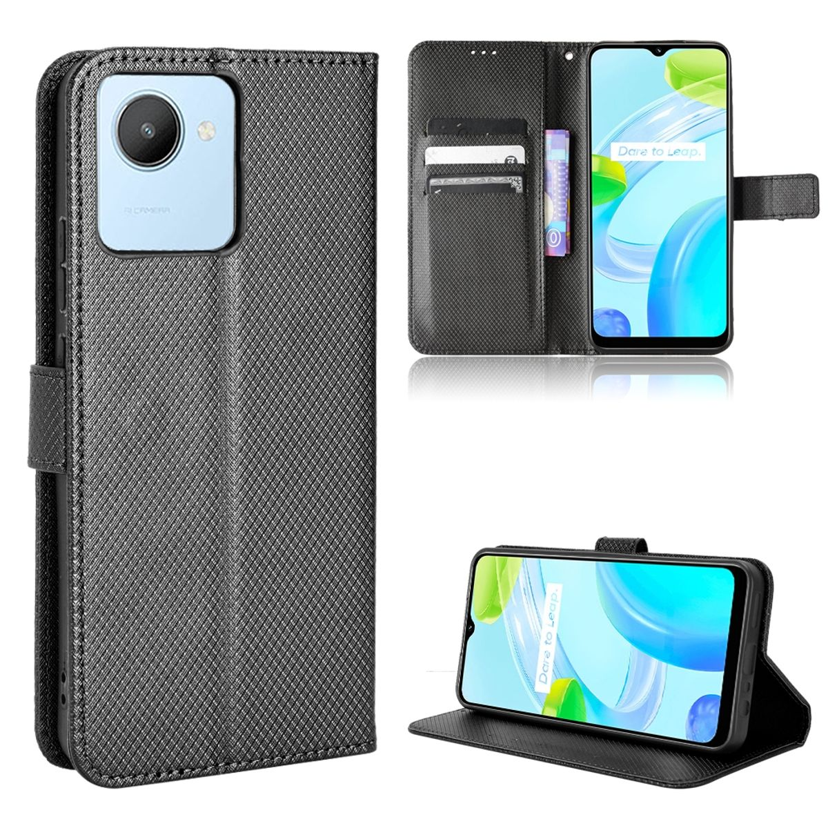 Schwarze Handyhülle mit Brieftaschendesign, mit Handy mit blau-gelbem Hintergrund.