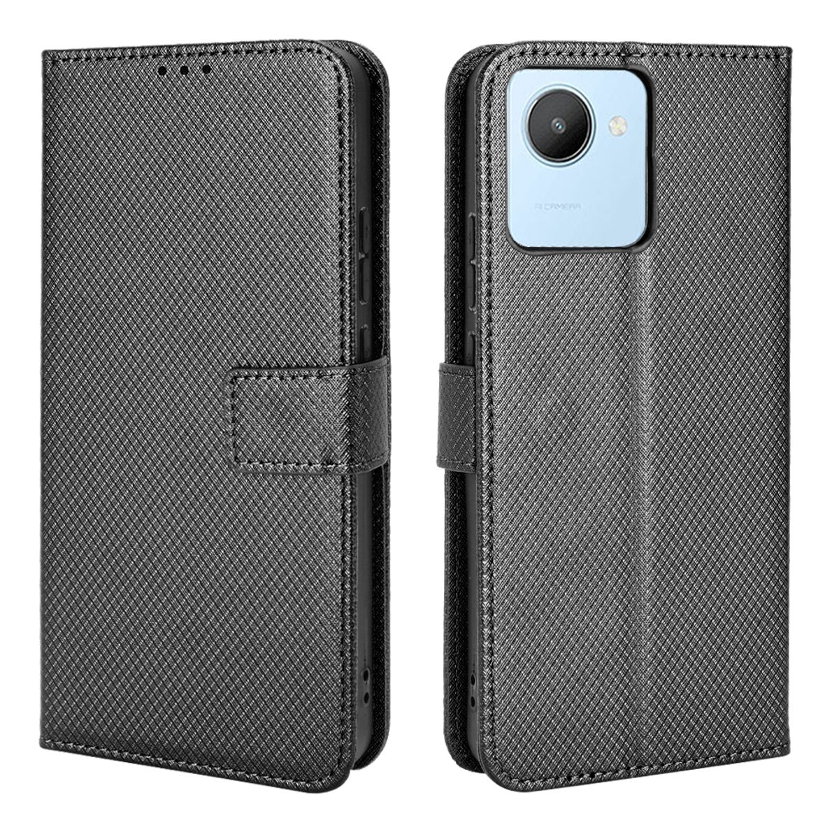 Schwarze, strukturierte Telefon-Brieftaschenhülle, geöffnet, um ein Telefon mit Kamera zu zeigen.