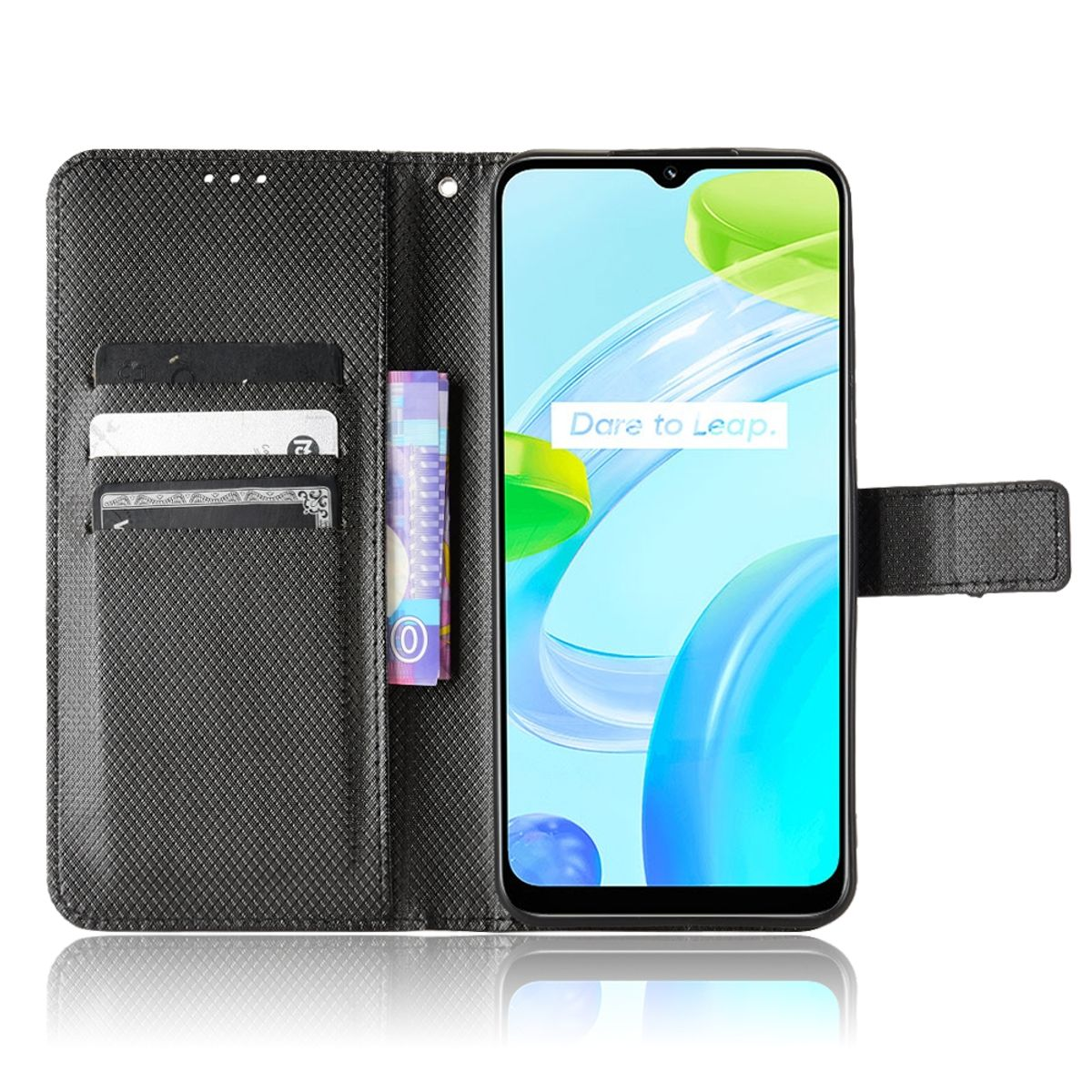 Schwarze Handyhülle geöffnet, mit Telefon und Karten. Der Satz "Dare to Leap" steht auf dem Telefon.