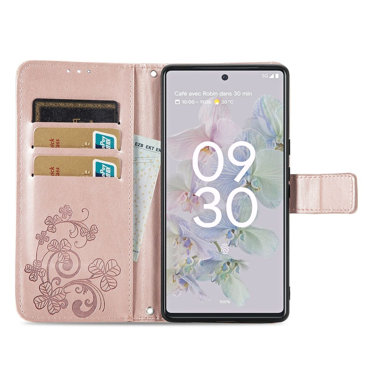 Rosa Handyhülle mit Karten und Telefon, das Zeit und Wetter anzeigt.