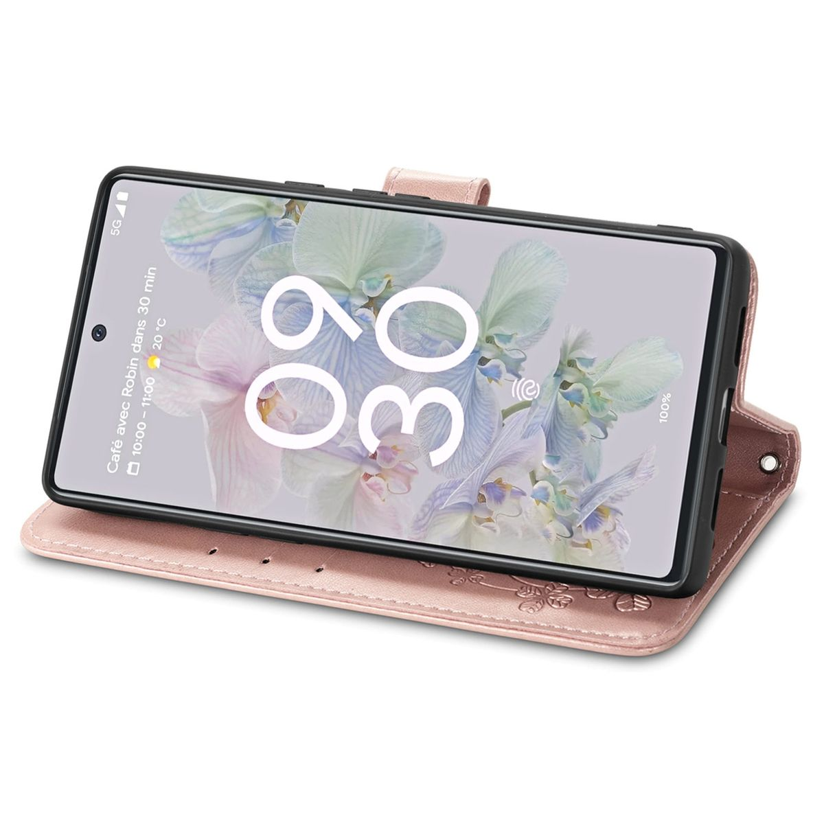 Rosa Handyhülle mit Telefon, das die Uhrzeit anzeigt. Die Hülle ist offen. Das Telefon ist in der Hülle.