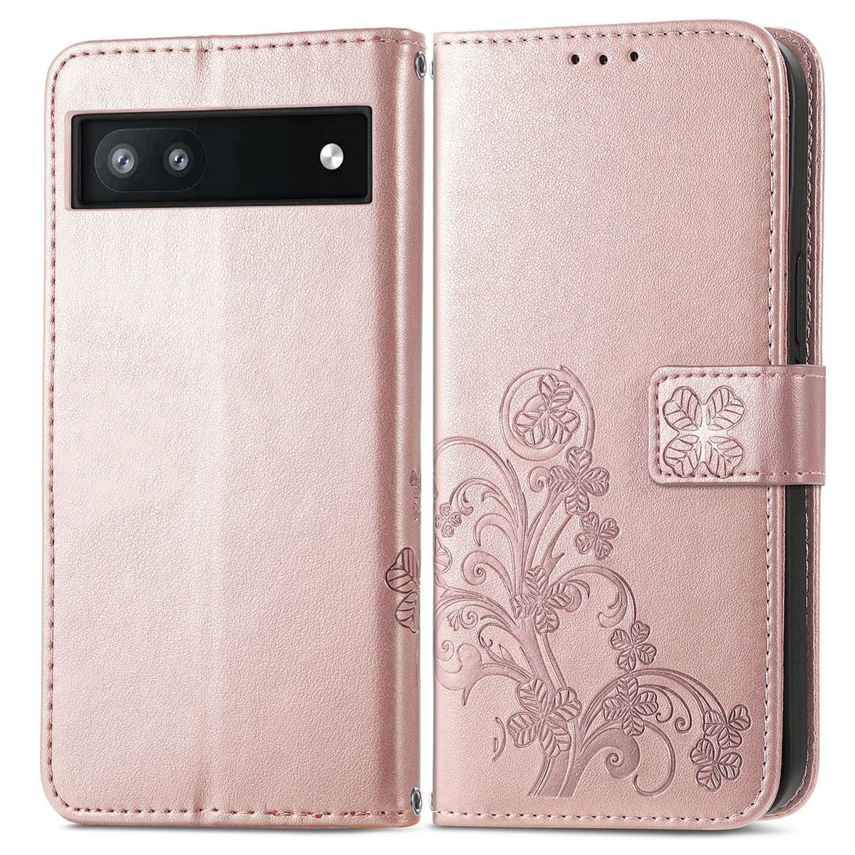Rosafarbene Handyhülle, offen, mit floralem Design. Magnetverschluss und Telefon innen.