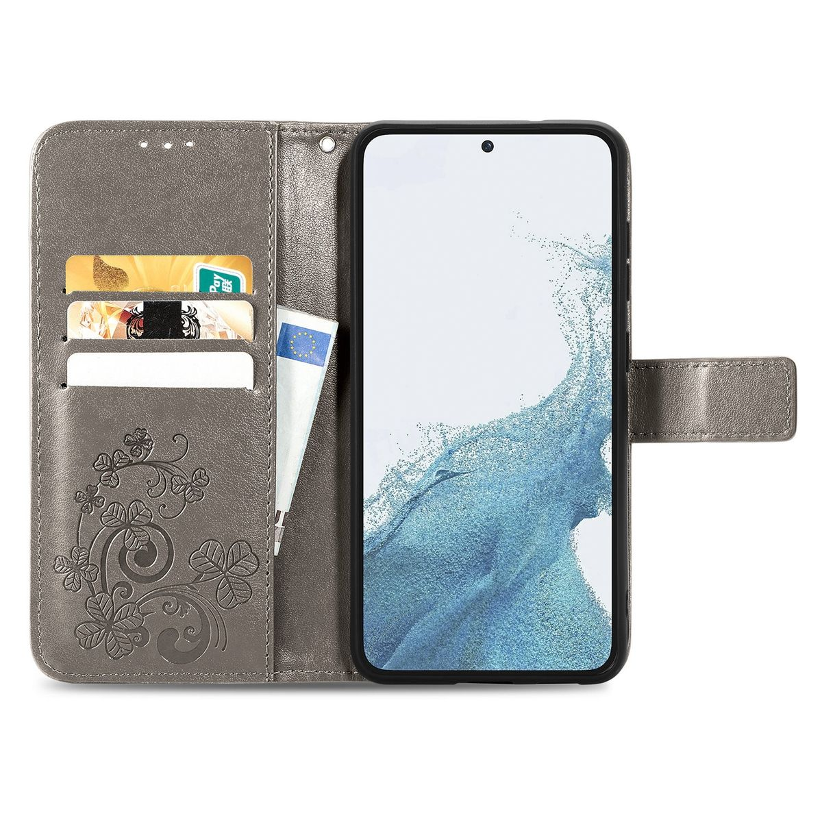 Geöffnete graue Handyhülle mit Kartenfächern, zeigt einen Telefonbildschirm. Eine Rechnung und Karten sind sichtbar.