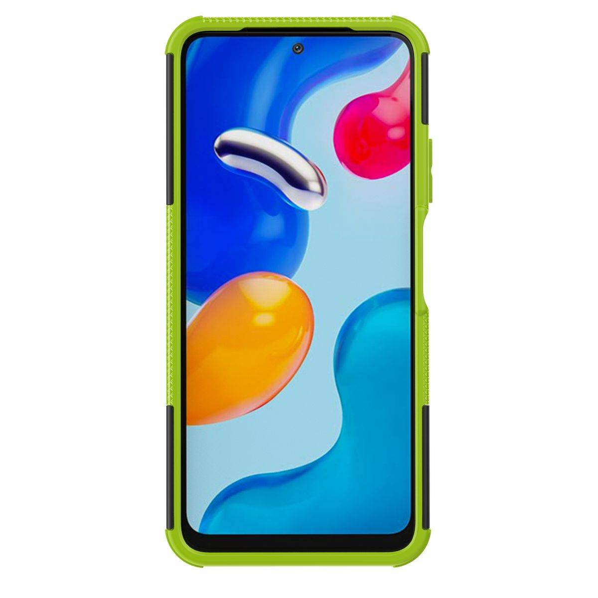 Grüne Handyhülle, offen. Telefon innen. Abstrakter Hintergrund: blaue, gelbe und rote Formen.