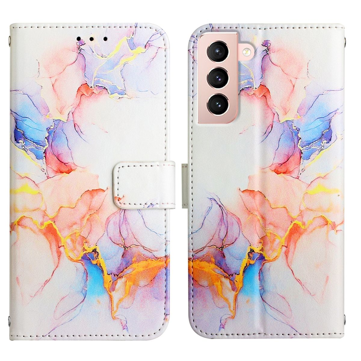 Weiße Handyhülle, offen, mit farbenfrohem, abstraktem Design. Magnetverschluss und Telefon innen.