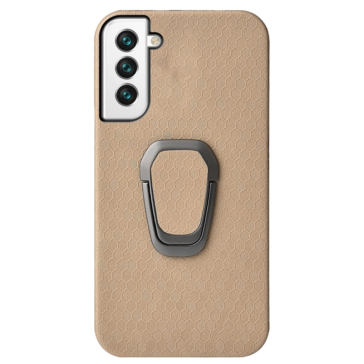 Beige Handyhülle mit einem Ringhalter und drei Kameralinsen.