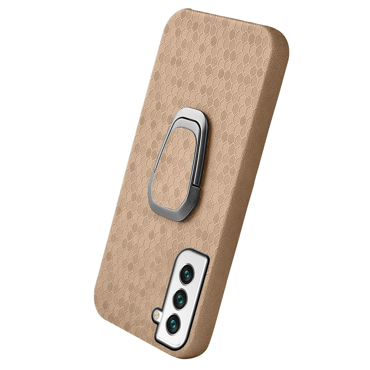 Beige Handyhülle mit Ring. Die Hülle hat strukturierte Oberfläche und Dreifachkamera.