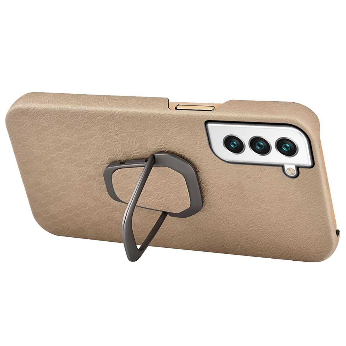 Beige Handyhülle mit Handy. Die Hülle hat einen Ringhalter.