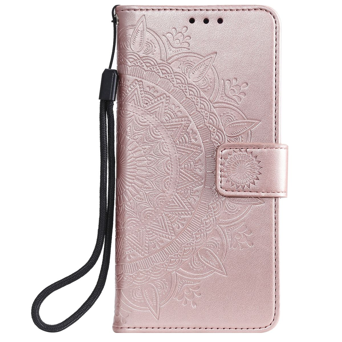 Pinke Handyhülle mit Mandala-Design und einem Riemen. Der Riemen ist schwarz und hängt herunter.