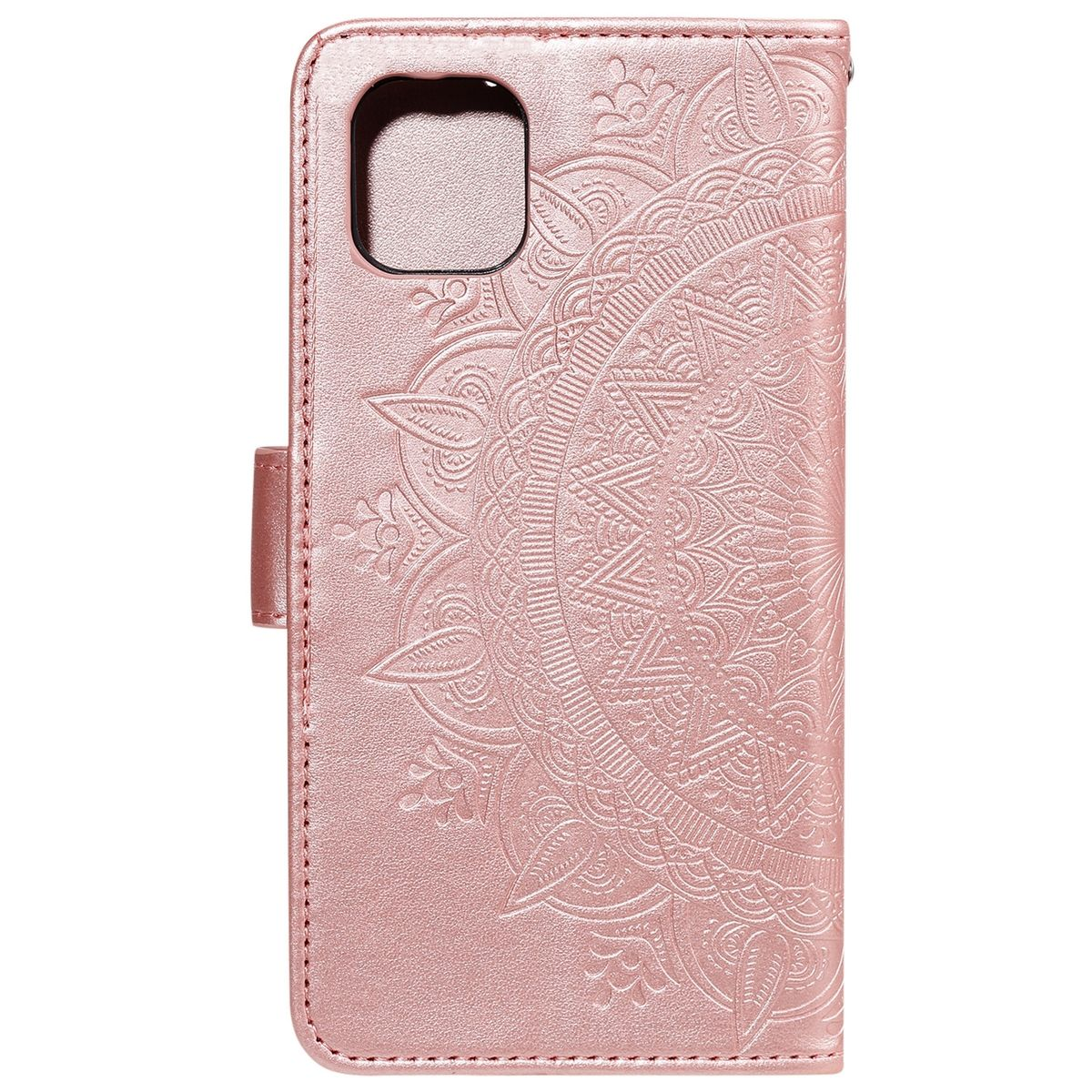 Pinke Handyhülle mit Mandala-Design und einem Knopfverschluss. Ein Telefon ist innen.