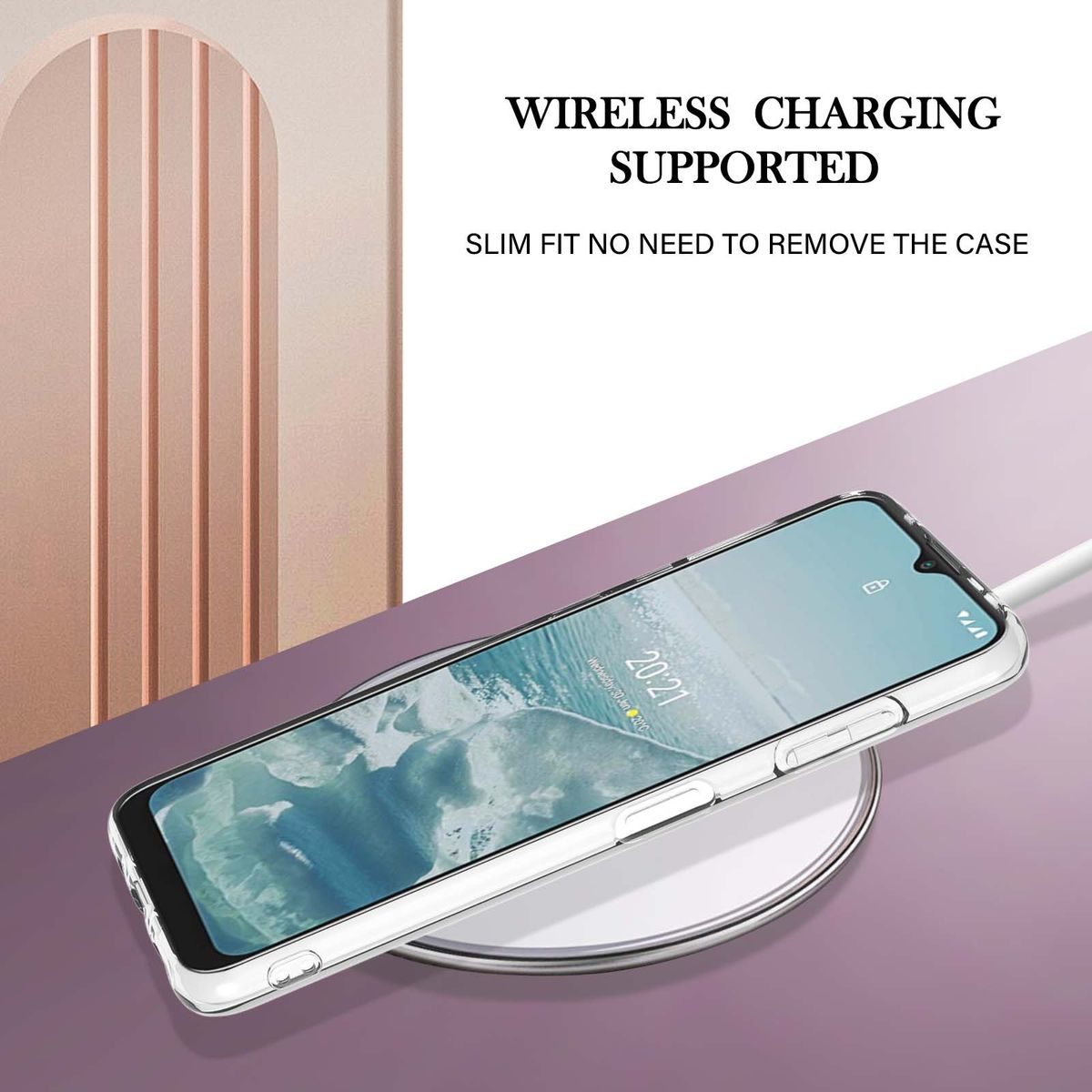 Telefon auf kabellosem Ladegerät. Text: Wireless Charging Supported, Slim Fit.