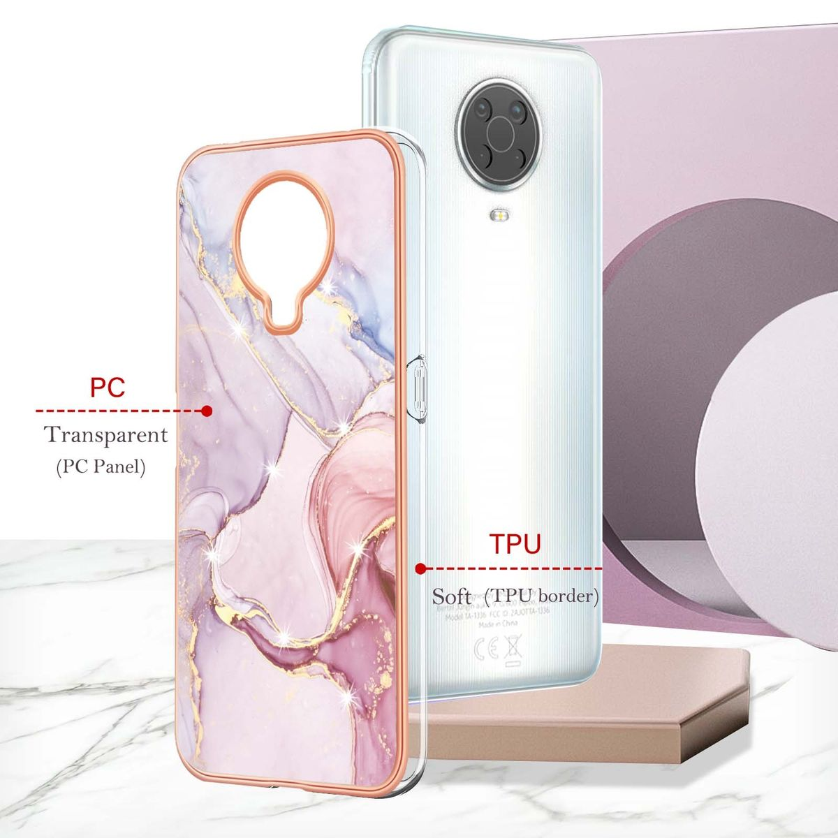 Handyhülle mit transparentem Rücken und marmorähnlichem Design.
