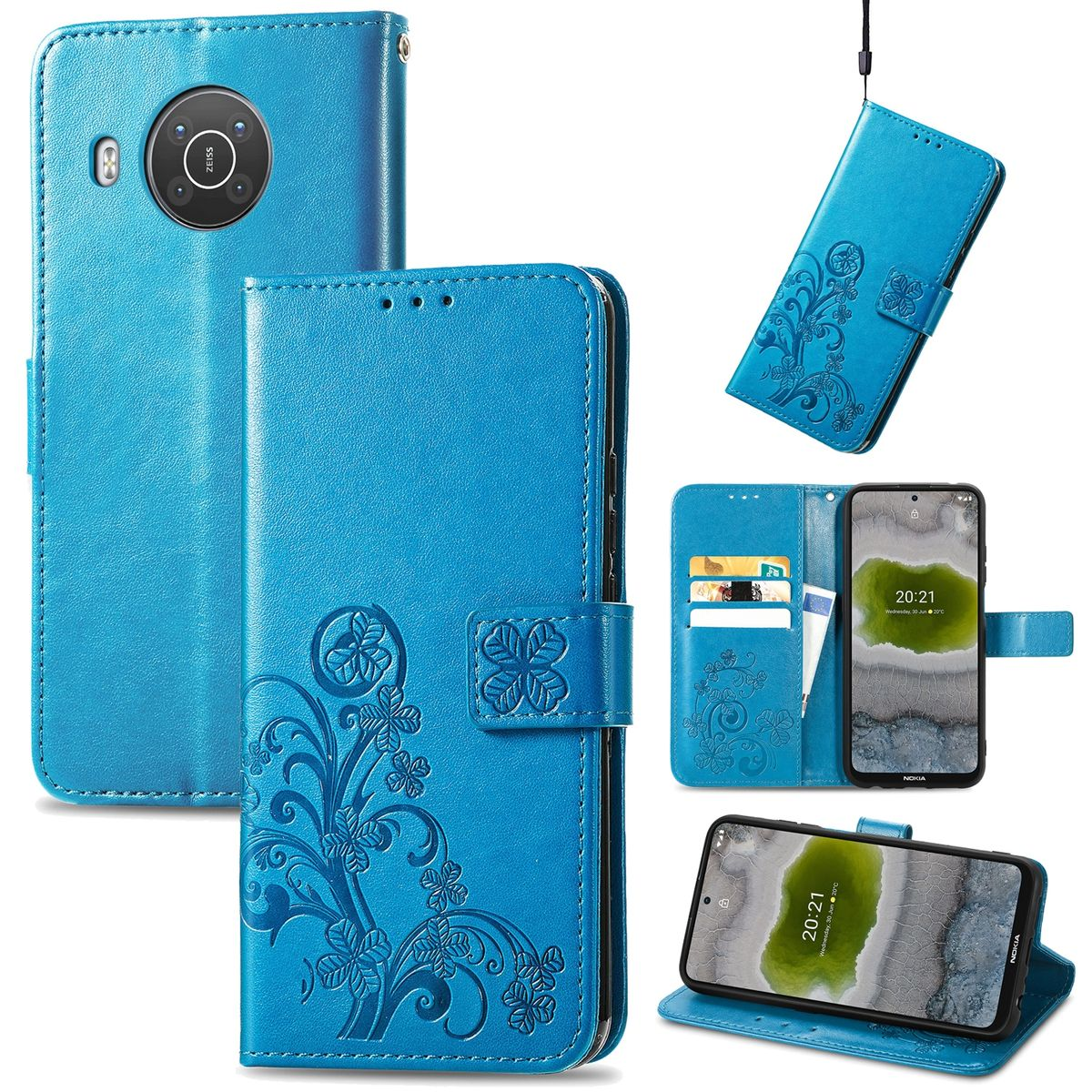 Blaue Handyhülle mit floralem Muster. Das Telefon ist darin. Mehrere Ansichten zeigen die Hülle geöffnet und geschlossen.