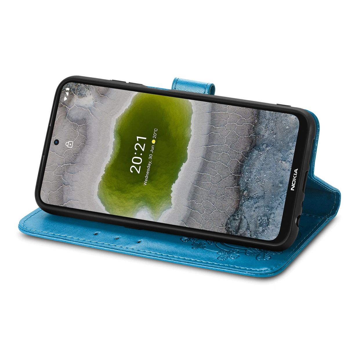 Blaue Handyhülle, offen, mit einem Telefon darin, zeigt den Bildschirm mit Uhrzeit.