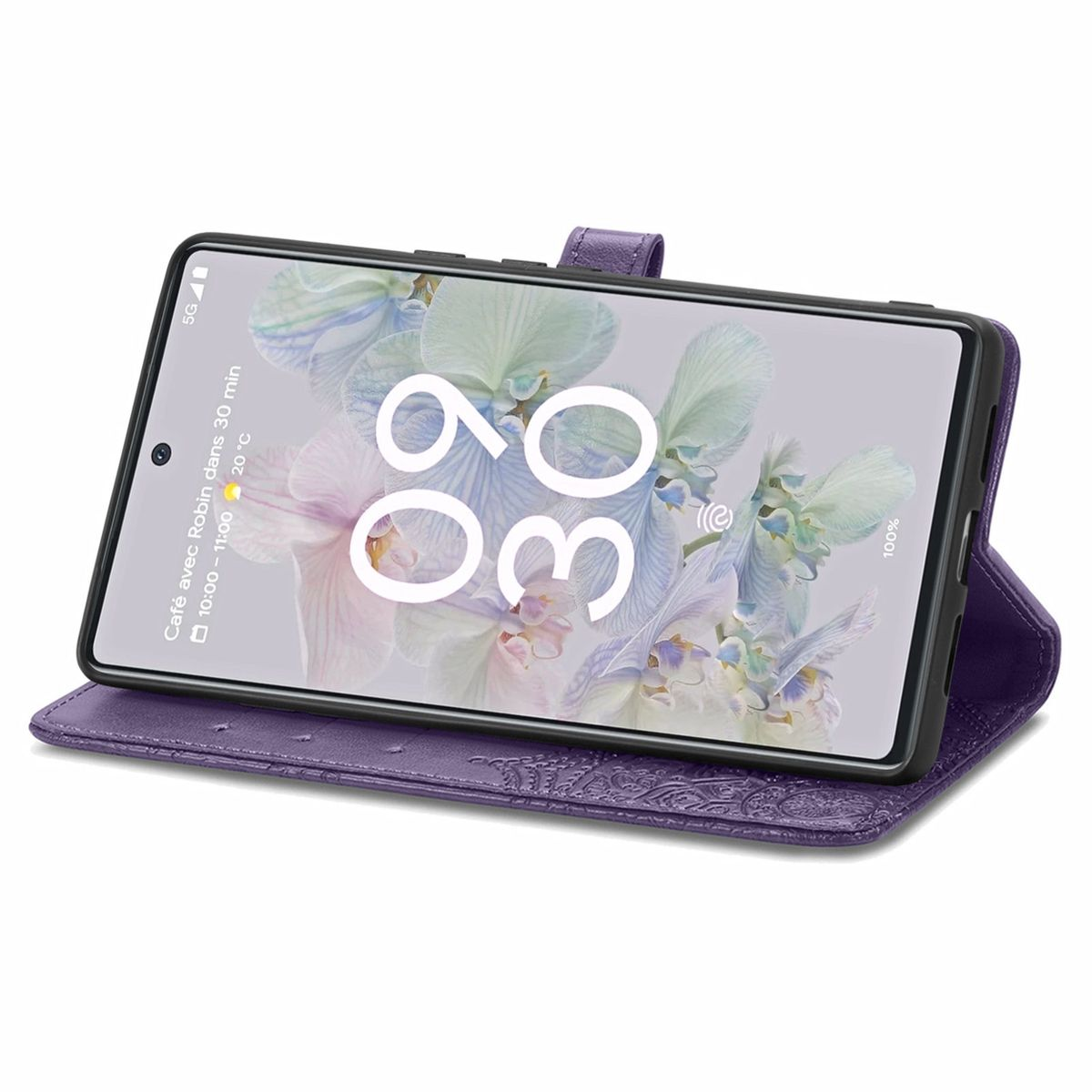 Lila Handyhülle mit Telefon darin. Der Telefonbildschirm ist sichtbar. Hülle ist geöffnet.