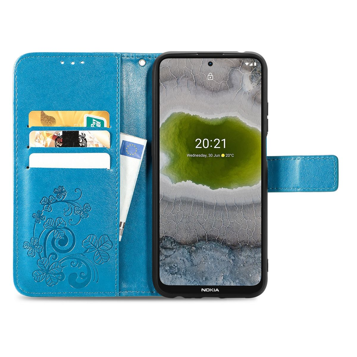 Blaue Brieftaschen-Handyhülle offen, mit Karten und Telefon. Der Telefonbildschirm zeigt ein grünes und weißes Design.