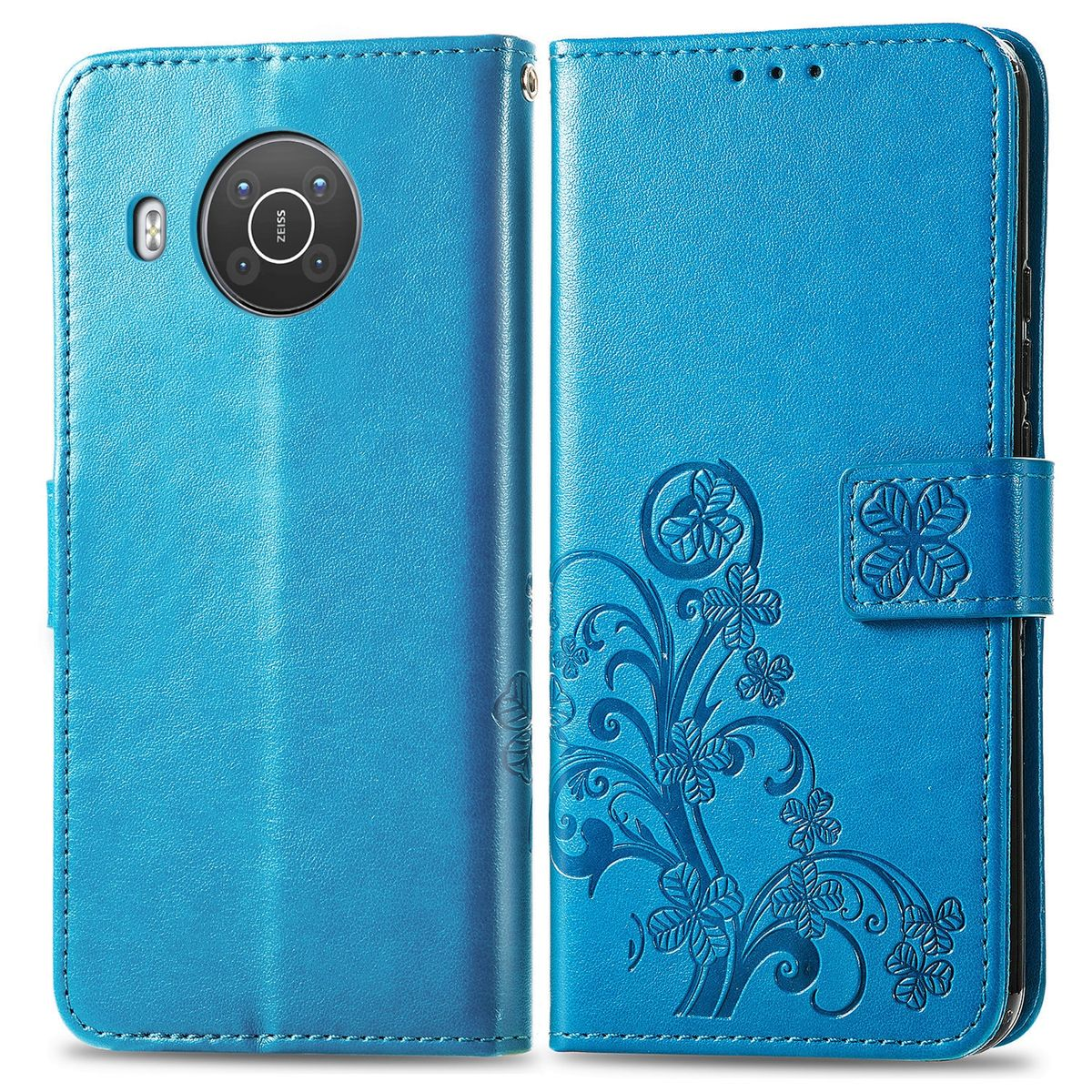 Blaue Handyhülle geöffnet, mit Blumenmuster und Telefon darin.