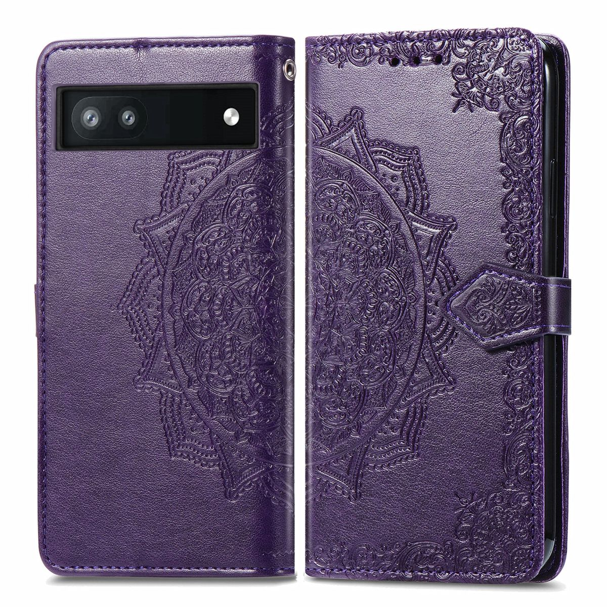 Lila Handyhülle, offen, mit Mandala-Design und Telefon darin.