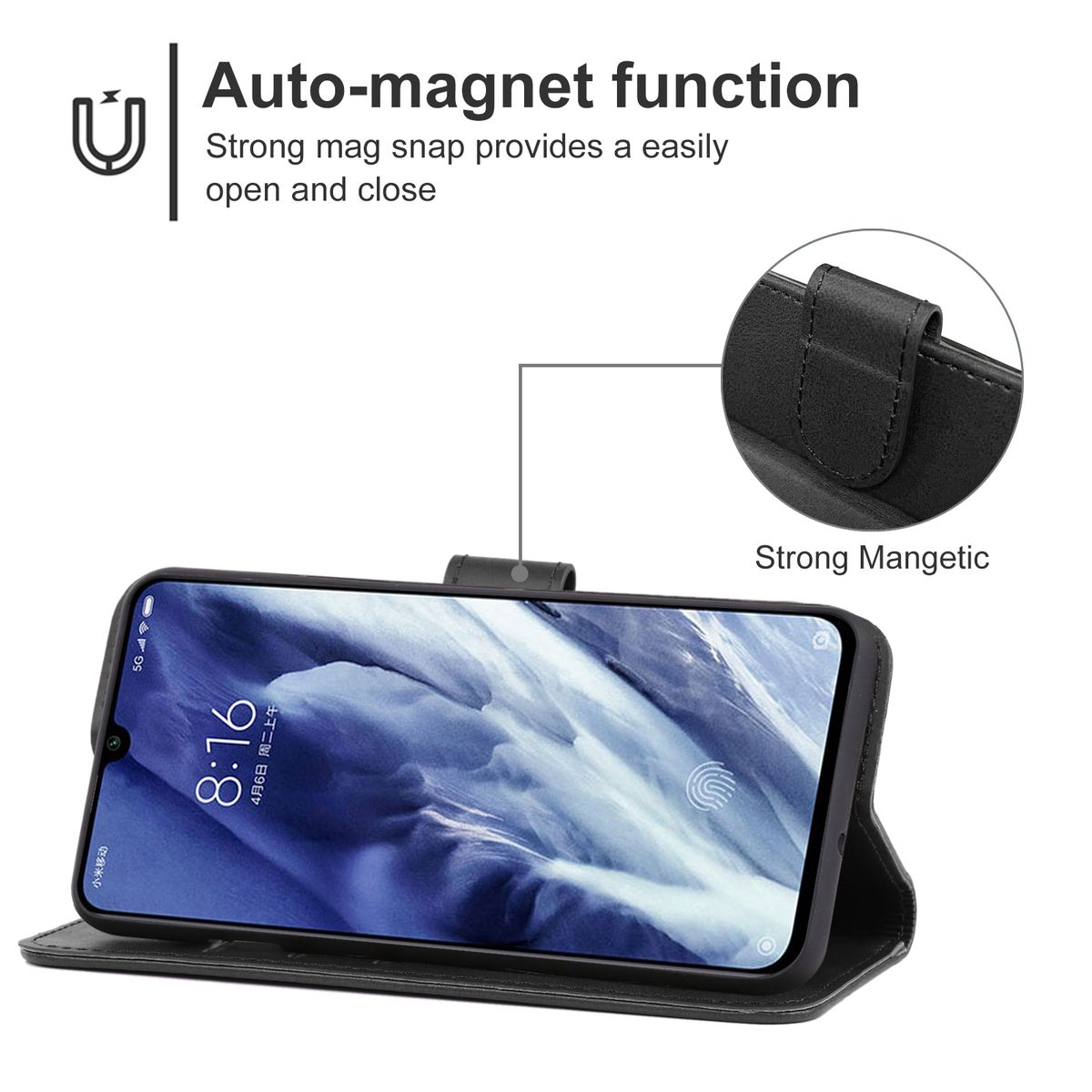 Schwarze Handyhülle mit Telefon. Text: 'Auto-magnet function.' Ein Magnetverschluss ist abgebildet.